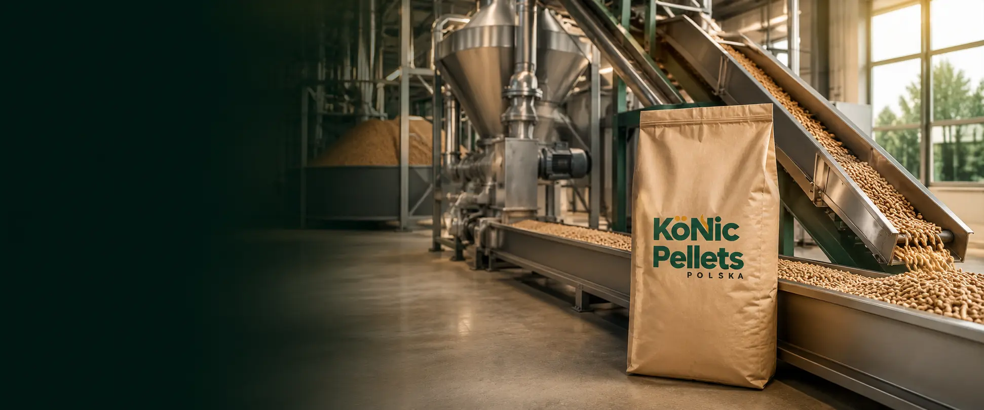 Produkcja KöNic Pellets z workowanym pelletem drzewnym na linii produkcyjnej